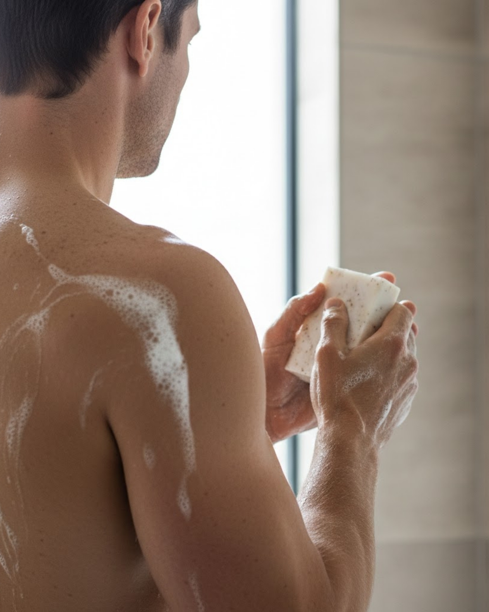 Homme utilisant un savon artisanal blanc sous la douche, montrant la mousse onctueuse sur l'épaule.