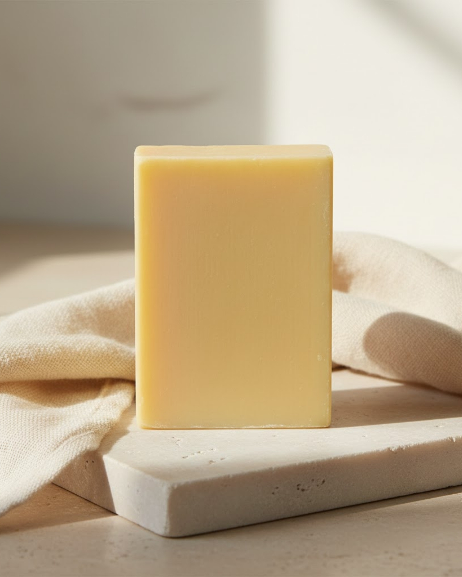 Savon artisanal jaune épuré posé sur un socle en pierre blanche avec un drapé de tissu beige.