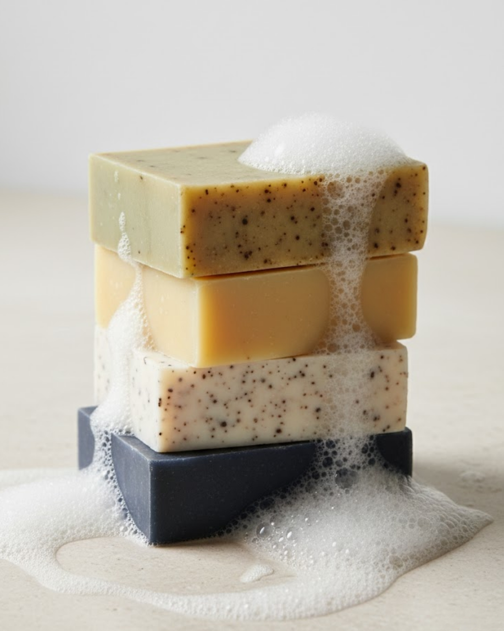 Empilement de quatre savons artisanaux différents (vert, jaune, moucheté, noir) avec de la mousse.