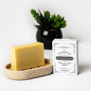 Savon artisanal à la sève de bouleau sur porte-savon en pierre, style vintage.